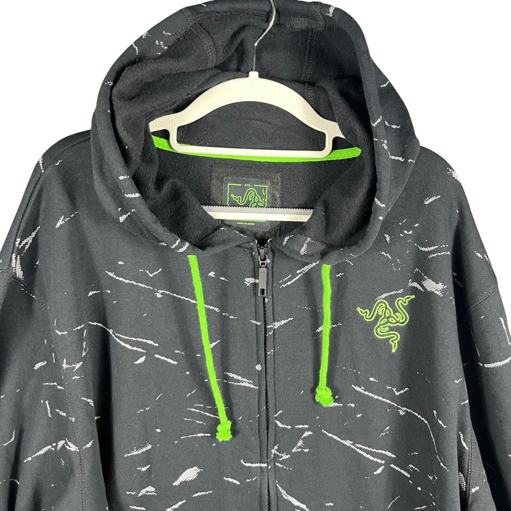 Razer Hoodie Mens XXL Black Green Splatter Graphic Full Zip Gaming Sweatshirt